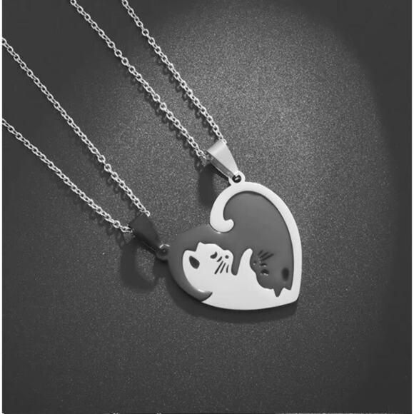 Stainless Steel Cat Yin Yang Couple Necklaces 20 Inch Chain Matching Set NWT - Picture 3 of 5